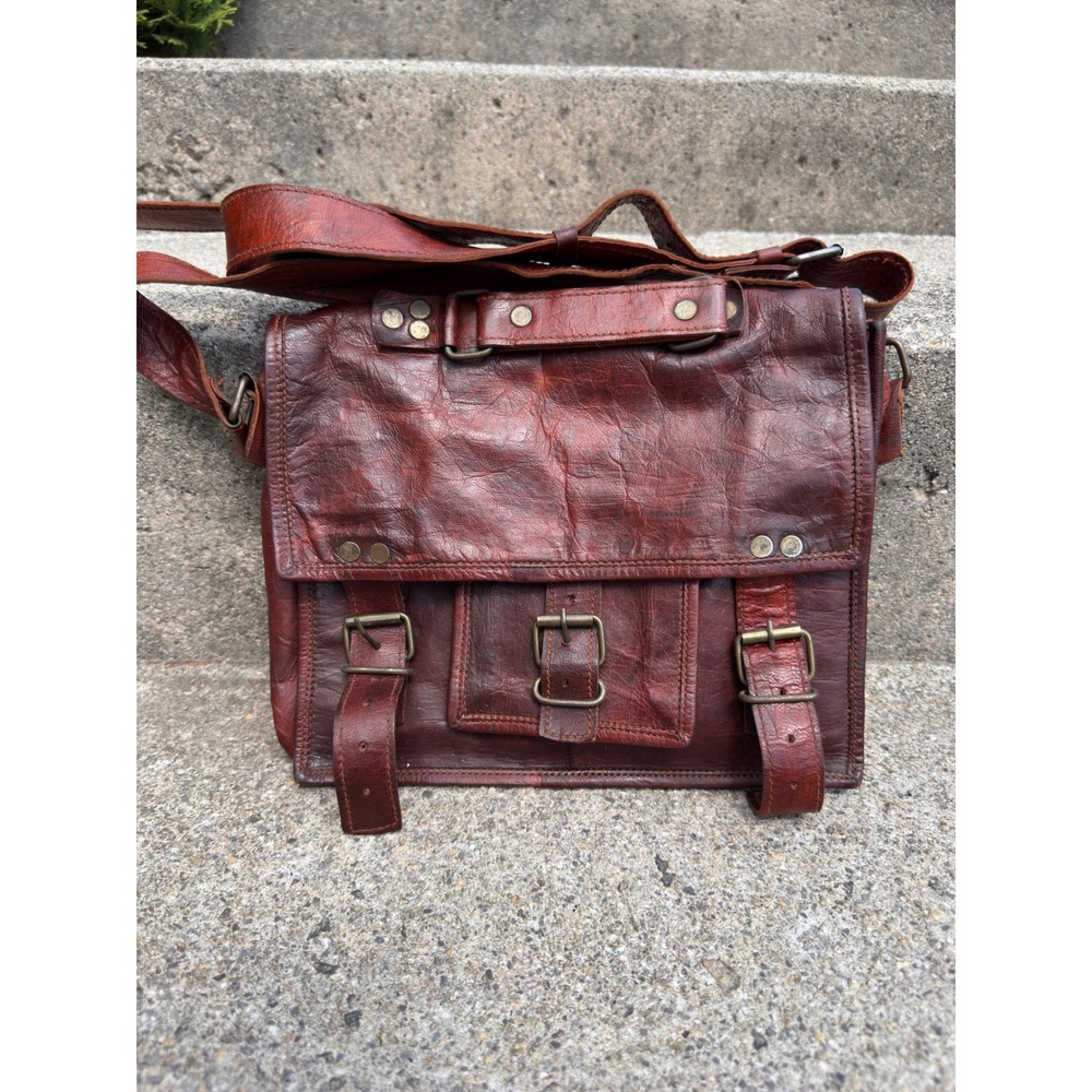 Vintage Brown Patina Leather Messenger Bag W/ Buckle